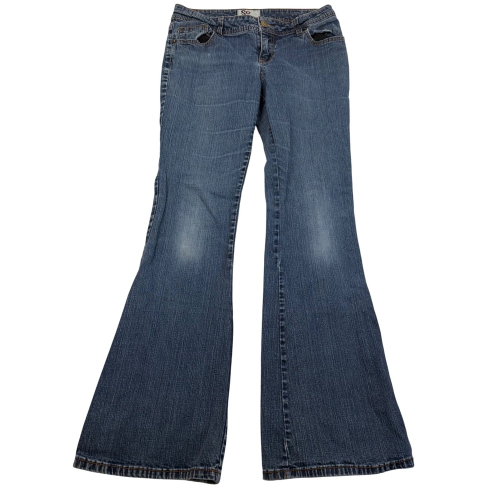 SO Womens Blue Flare Leg Jeans Low Rise Medium Wash Stretch Denim Size 9 Average